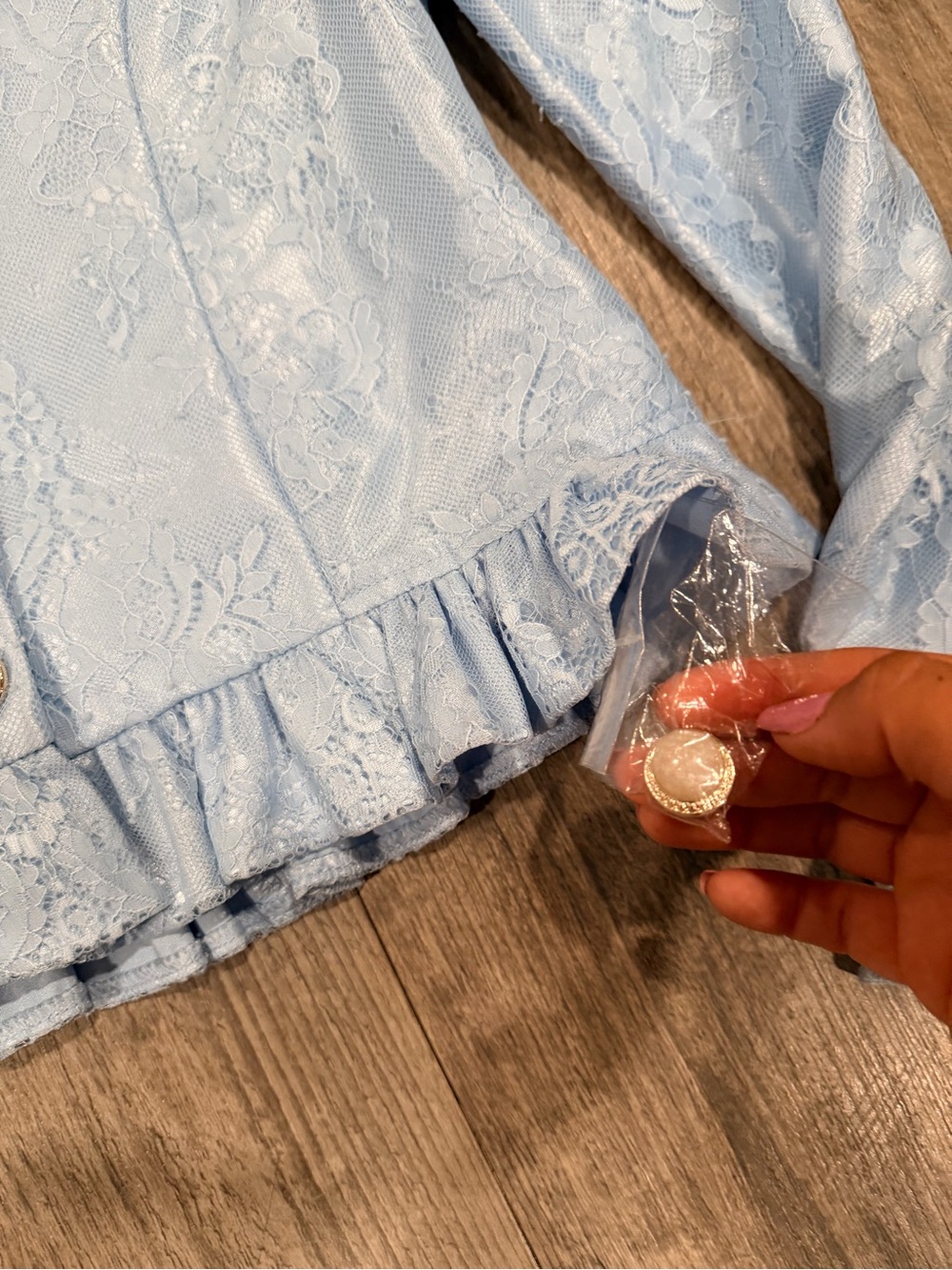 Light Blue Lace Ruffle Hem Button Jacket - Picture 8 of 12